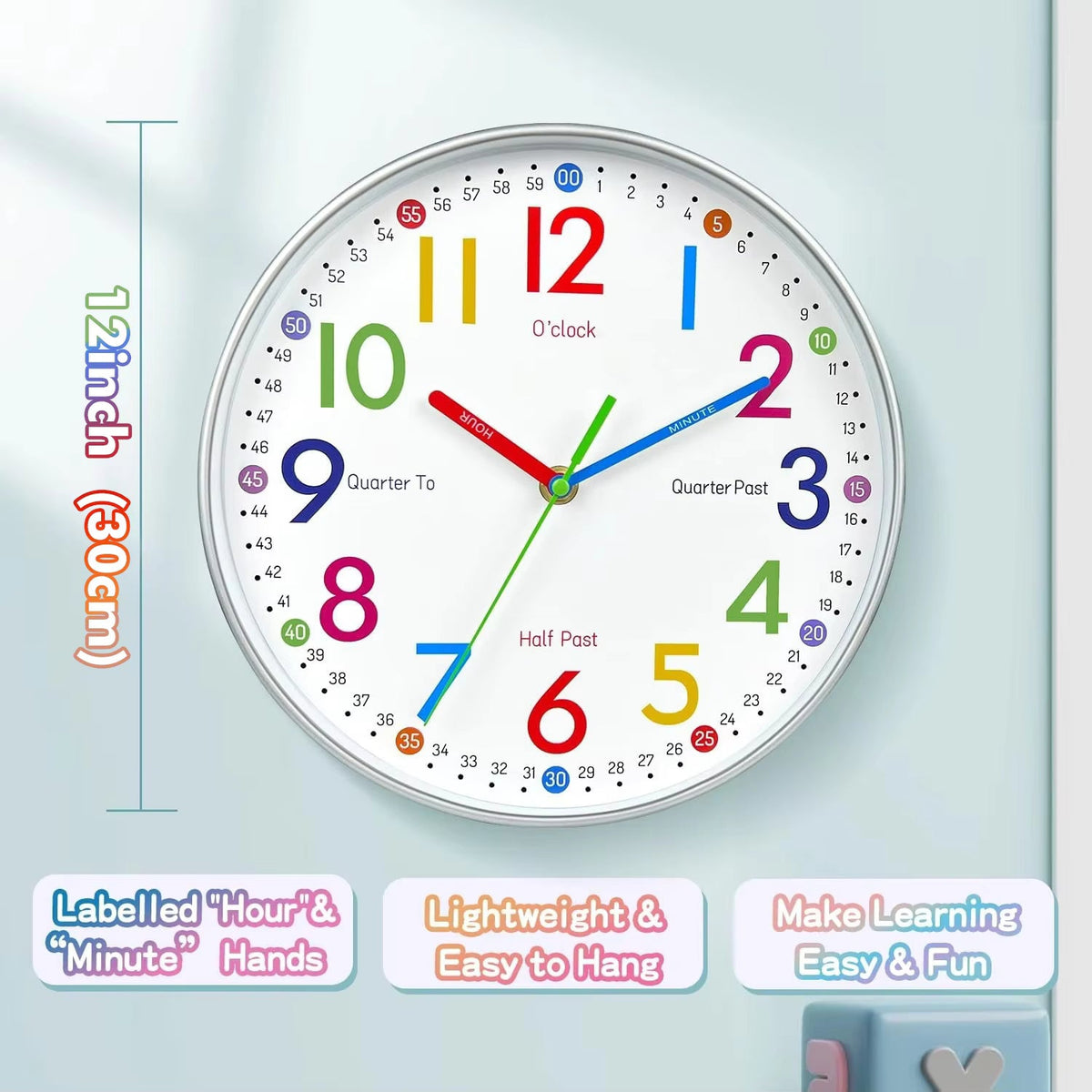 12-Inch Cartoon Educational Wall Clock
